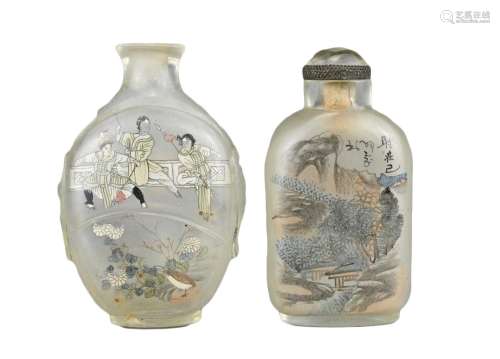 TWO CHINESE INSIDE-PAINTED GLASS SNUFF BOTTLES. A flattened ...