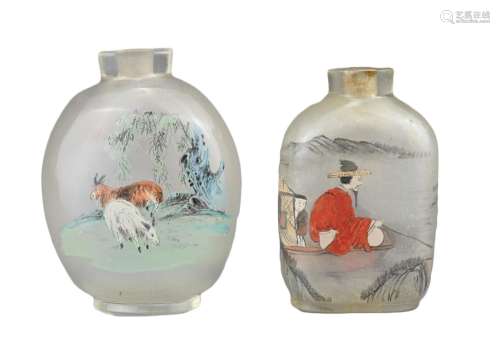 TWO INSIDE-PAINTED GLASS SNUFF BOTTLES. To include an ovoid ...