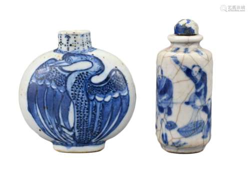 TWO CHINESE BLUE AND WHITE PORCELAIN SNUFF BOTTLES, 19TH CEN...