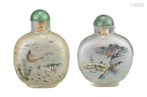 TWO CHINESE INSIDE-PAINTED GLASS SNUFF BOTTLES. One decorate...