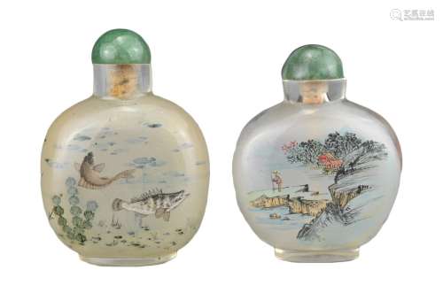 TWO CHINESE INSIDE-PAINTED GLASS SNUFF BOTTLES. One decorate...