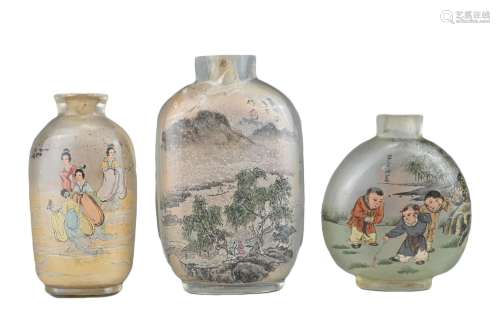 THREE CHINESE INSIDE-PAINTED GLASS SNUFF BOTTLES. Depicting ...