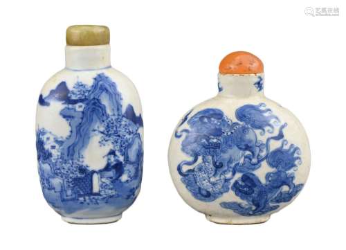 TWO CHINESE BLUE AND WHITE PORCELAIN SNUFF BOTTLES, 19TH CEN...