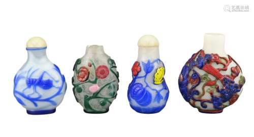 FOUR CHINESE PEKING GLASS SNUFF BOTTLES. Each with coloured ...