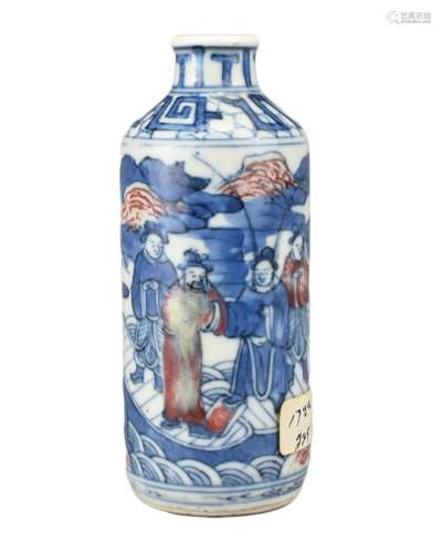 A CHINESE UNDERGLAZE BLUE AND COPPER RED PORCELAIN SNUFF BOT...