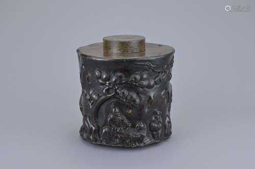 A CHINESE HARDWOOD TEA CADDY 19/20TH CENTURY. Of cylindrical...