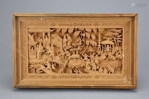 A FRAMED CHINESE CARVED WOOD SCENE, 19TH CENTURY. Expertly c...