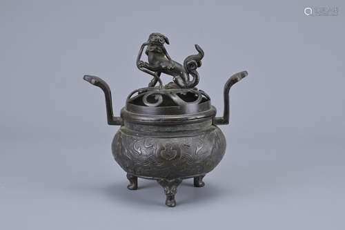 A CHINESE BRONZE TRIPOD INCENSE BURNER, 19TH CENTURY OR EARL...