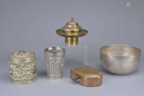 GROUP OF ASIAN MIXED METAL ITEMS. To include an embossed whi...