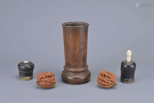 A GROUP OF WOOD, HORN CARVINGS AND WALNUT, 19/20TH CENTURY. ...