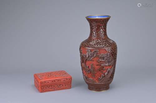 TWO VINTAGE CHINESE ITEMS. To include a lacquer and enamel v...