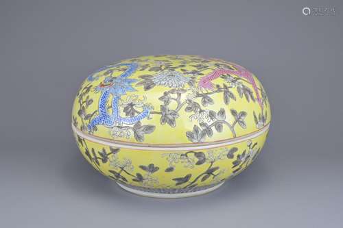 A LARGE CHINESE PORCELAIN DRAGON BOX AND COVER. Yellow-groun...