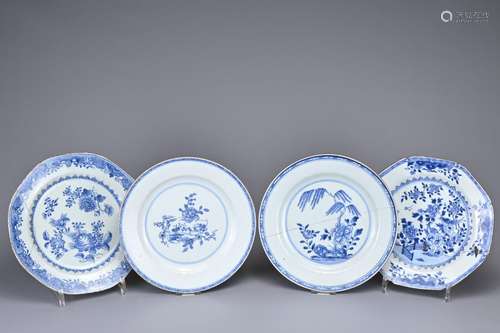 FOUR CHINESE BLUE AND WHITE PORCELAIN DISHES, 18TH CENTURY. ...