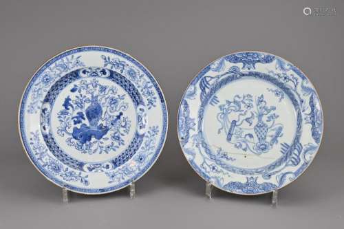 TWO CHINESE BLUE AND WHITE PORCELAIN DISHES, 18TH CENTURY. D...