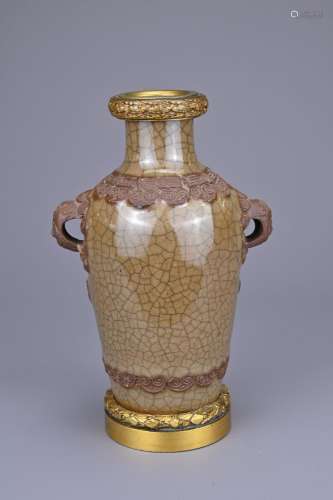 A CHINESE GILT BRONZE MOUNTED CRACKLE WARE VASE, 19TH CENTUR...
