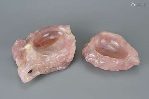 TWO CHINESE CARVED ROSE QUARTZ BRUSH WASHERS. The first with...