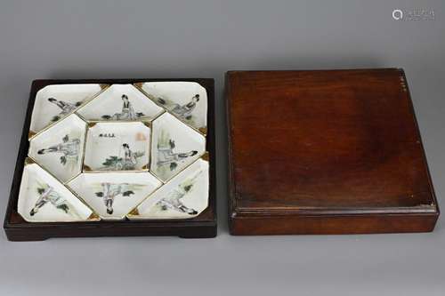 A CHINESE HARDWOOD BOXED SWEETMEAT DISH SET, EARLY 20TH CENT...