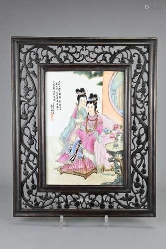 A FRAMED VINTAGE CHINESE PAINTED PORCELAIN TILE, 20TH CENTUR...