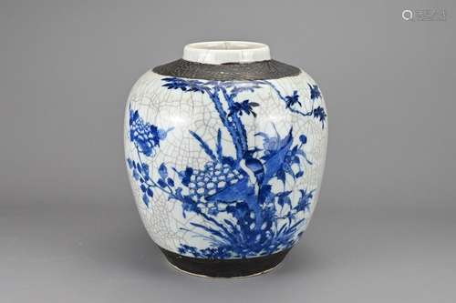 A CHINESE BLUE AND WHITE CRACKLE PORCELAIN GINGER JAR, 19TH ...