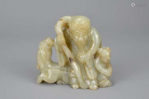 A CHINESE CELADON CAVING OF MAN WITH BOY AND RAM. The figure...