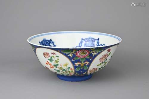 A VINTAGE CHINESE BLUE GROUND FAMILLE ROSE MEDALLION BOWL, 2...