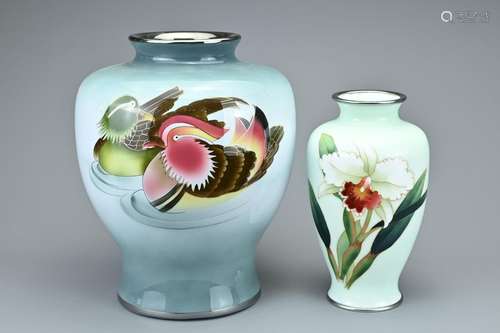 TWO VINTAGE JAPANESE ENAMEL VASES, 20TH CENTURY. Decorated w...