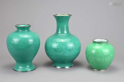 THREE VINTAGE JAPANESE ANDO ENAMEL VASES, 20TH CENTURY. Each...