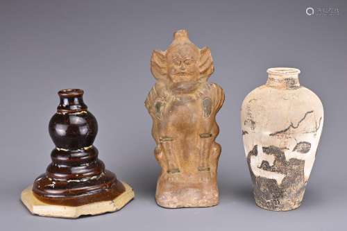 THREE CHINESE CERAMIC ITEMS. To include a figure of an Earth...