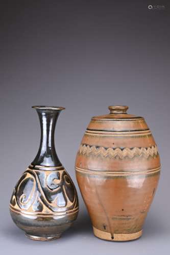 TWO CHINESE CIZHOU STYLE STONEWARE VASES. To include a pear ...