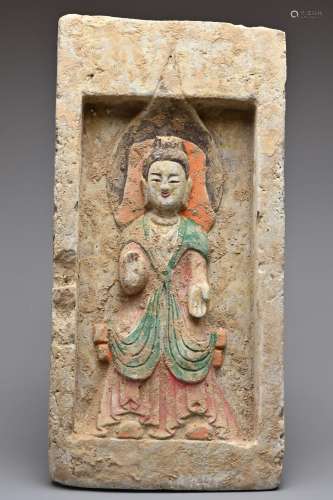 A CHINESE PAINTED POTTERY TILE 'BUDDHA BRICK', NORTHERN WEI ...
