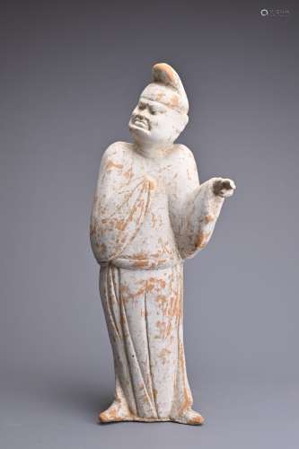 A CHINESE PAINTED POTTERY FIGURE OF A MALE ATTENDANT, TANG D...