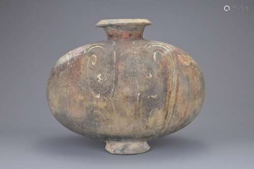 A CHINESE PAINTED GREY POTTERY COCOON JAR, HAN DYNASTY (206B...