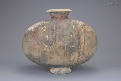 A CHINESE PAINTED GREY POTTERY COCOON JAR, HAN DYNASTY (206B...