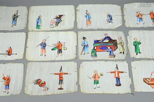 A BOOK OF CHINESE RICE PAPER PAINTINGS, 19TH CENTURY. Twelve...