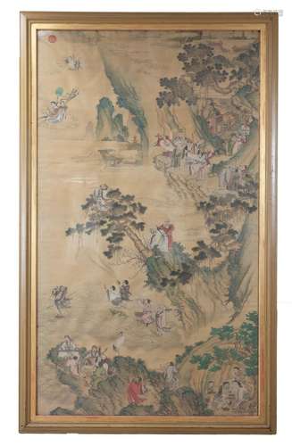 A VERY LARGE CHINESE PAINTING ON SILK, 19TH CENTURY. Eight I...