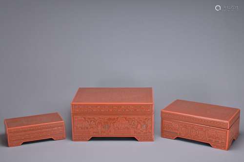 A SET OF THREE BURMESE RED LACQUER BOXES. In graduating size...