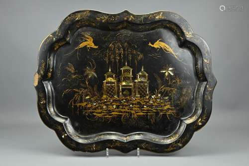 A VICTORIAN CHINOISERIE GILT AND INLAID LACQUER TRAY. Cartou...