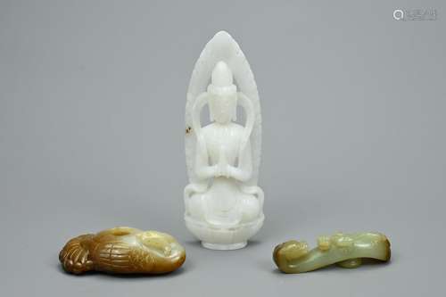 THREE CHINESE JADE ITEMS. To include a white figure of Buddh...