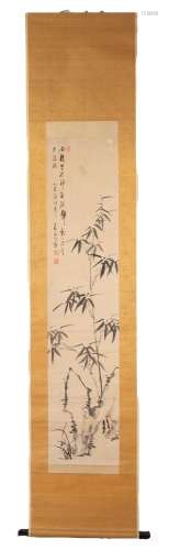 A CHINESE INK PAINTING IN SCROLL, DATED 1889. Ink on paper i...