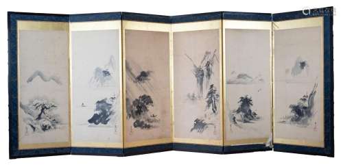 A JAPANESE SIX-FOLD SCREEN, SIGNED KANO TSUNENOBU (1636-1713...