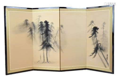A JAPANESE FOUR-FOLD SCREEN, BY MIBU SOWEN B.1912. Landscape...