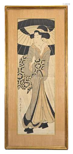 AN EARLY FRAMED JAPANESE PRINT OF GEISHA, EDO PERIOD. Dresse...