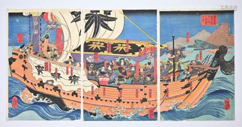 UTAGAWA YOSHITORA C.1850. JAPANESE WOODBLOCK PRINT. Triptych...