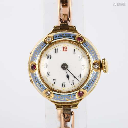 An early 20th century lady`s 18ct gold mechanical bracelet w...