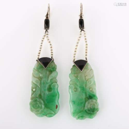 A pair of Art Deco jade onyx and seed pearl drop earrings, w...