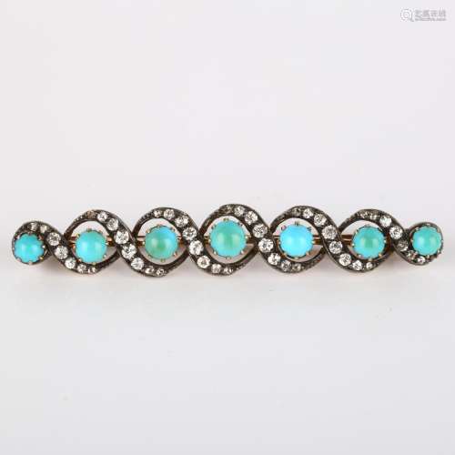 A Victorian turquoise and diamond double helix brooch, unmar...