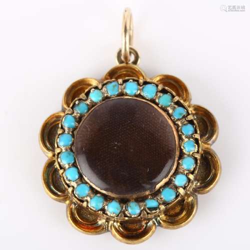 A Victorian turquoise memorial locket pendant, unmarked gold...