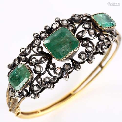 A fine Victorian emerald and diamond hinged bangle, unmarked...