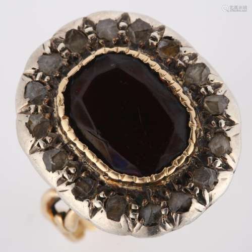 A Georgian garnet and diamond cluster ring, unmarked rose go...