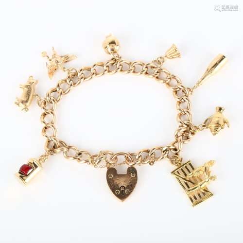 A mid-20th century 9ct gold hollow curb link charm bracelet,...
